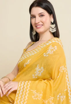 Batik Printed Cotton Saree in Yellow