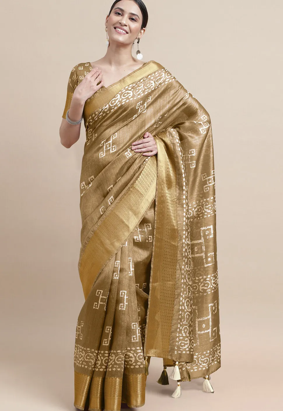 Batik Printed Cotton Silk Saree in Beige