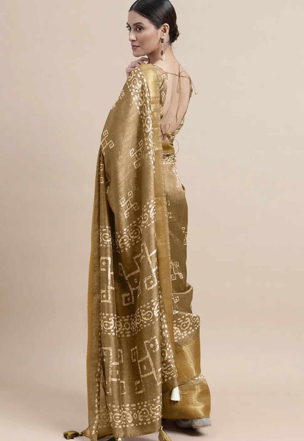 Batik Printed Cotton Silk Saree in Beige