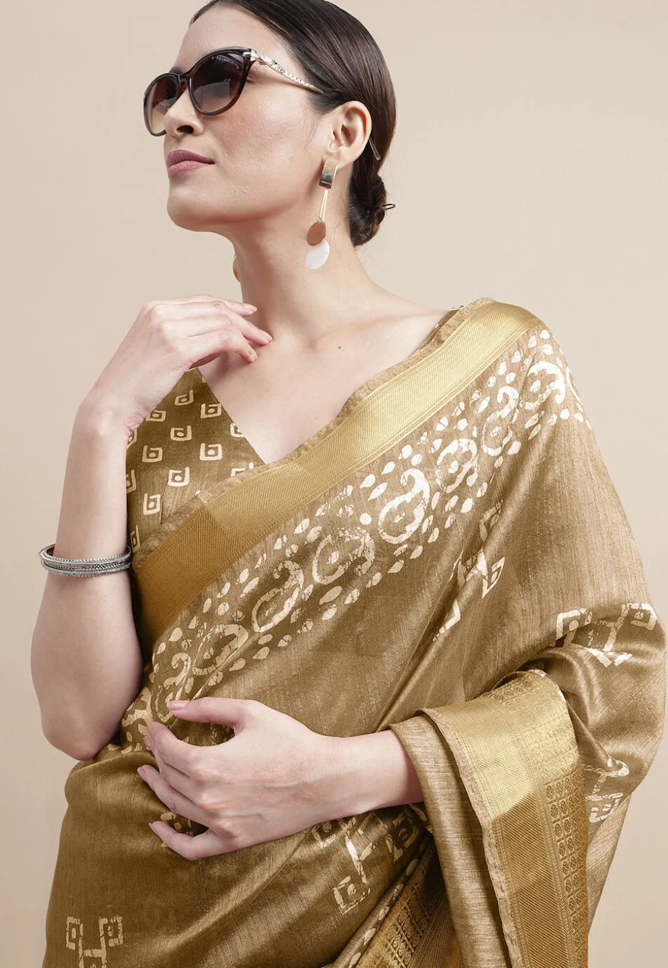 Batik Printed Cotton Silk Saree in Beige