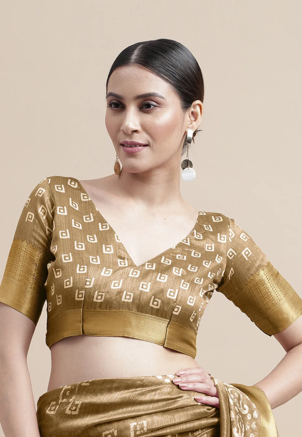 Batik Printed Cotton Silk Saree in Beige