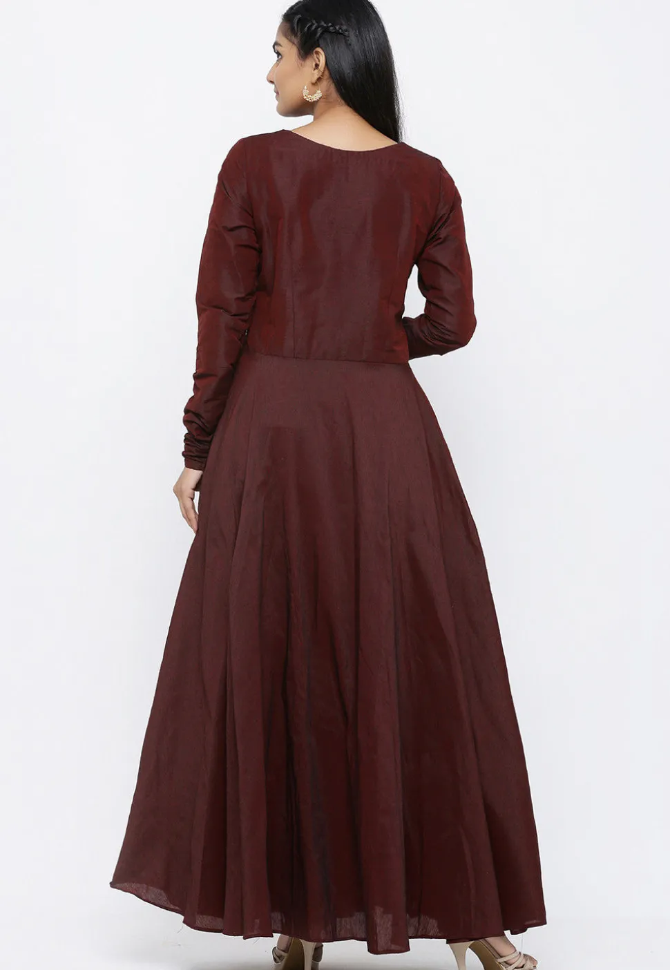 Batik Printed Cotton Silk Abaya Style Suit in Maroon