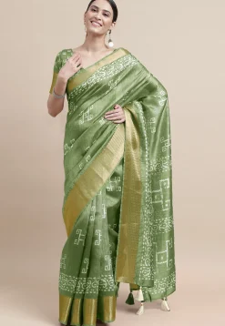 Batik Printed Cotton Silk Saree in Light Green