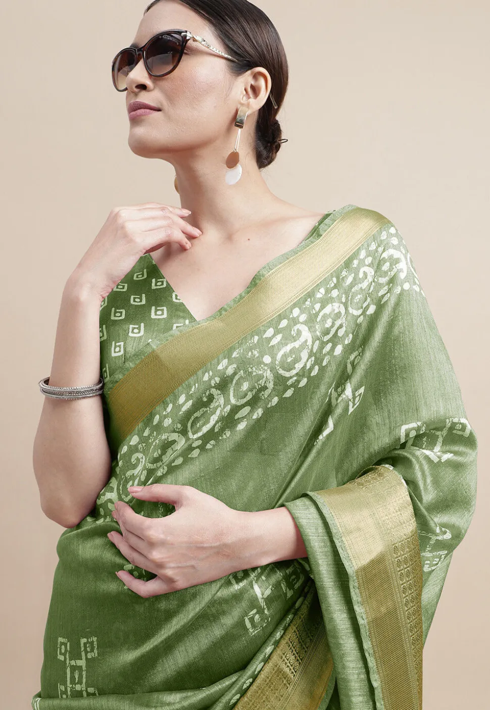 Batik Printed Cotton Silk Saree in Light Green