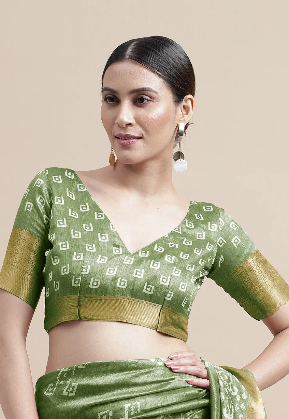 Batik Printed Cotton Silk Saree in Light Green