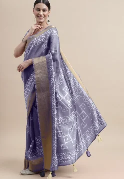 Batik Printed Cotton Silk Saree in Purple