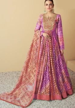 Batik Printed Muslin Silk Abaya Style Suit in Purple