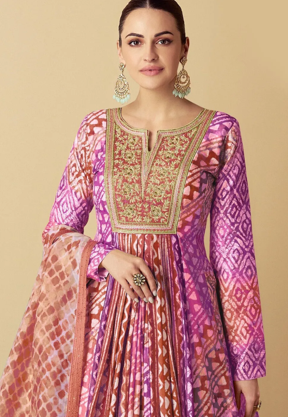 Batik Printed Muslin Silk Abaya Style Suit in Purple