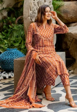 Batik Printed Pure Cotton Pakistani Suit in Rust