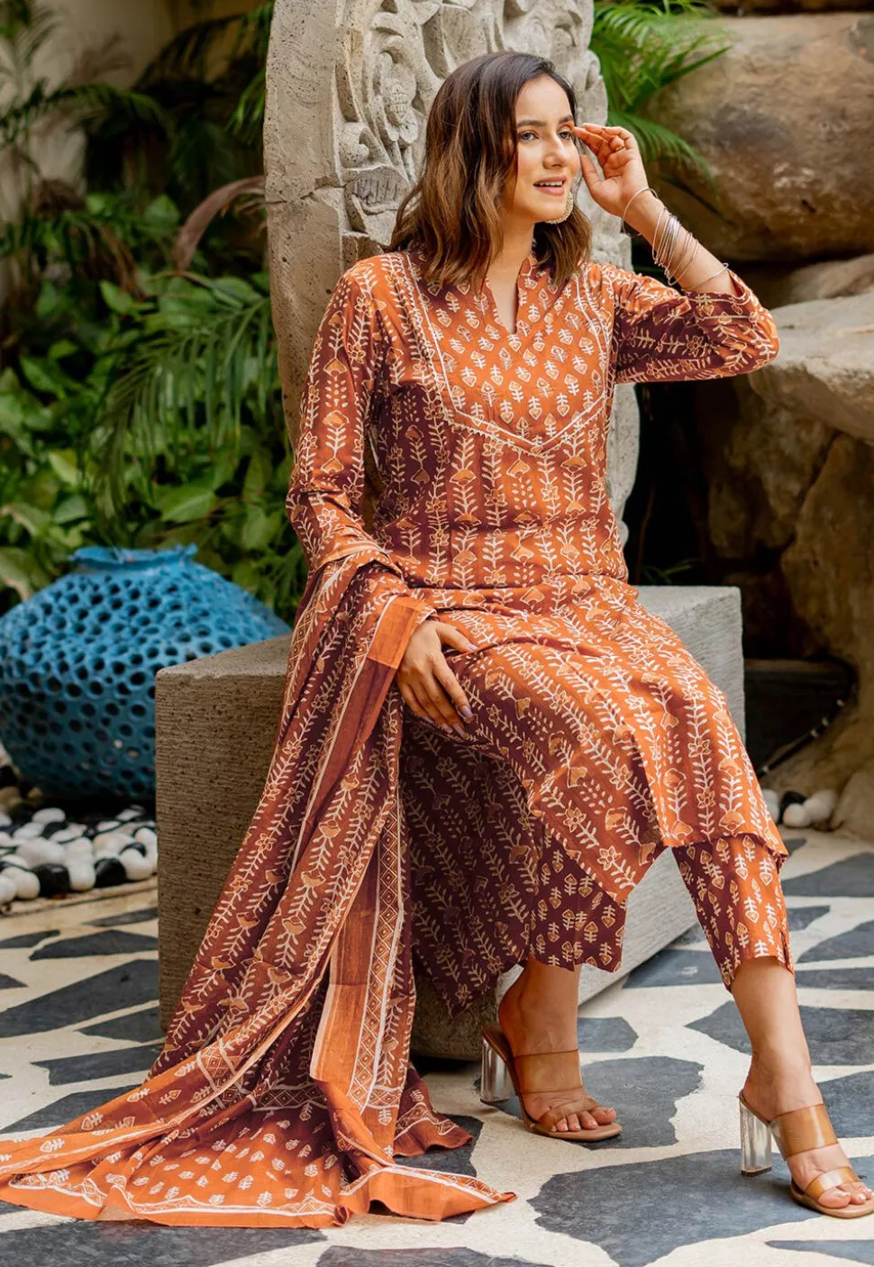 Batik Printed Pure Cotton Pakistani Suit in Rust