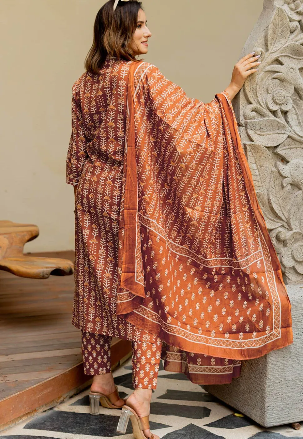 Batik Printed Pure Cotton Pakistani Suit in Rust