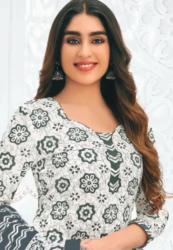 Batik Printed Pure Cotton Punjabi Suit in White
