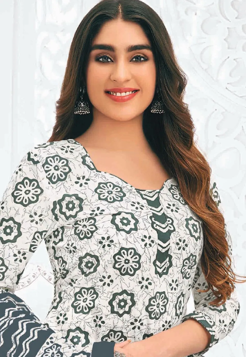 Batik Printed Pure Cotton Punjabi Suit in White
