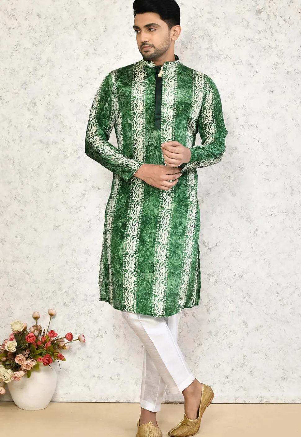 Batik Printed Satin Kurta Set in Green
