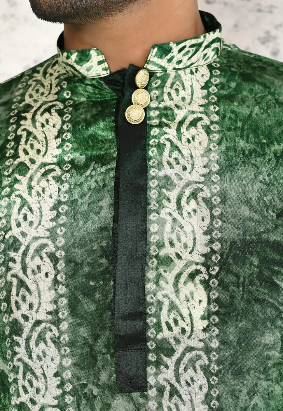 Batik Printed Satin Kurta Set in Green
