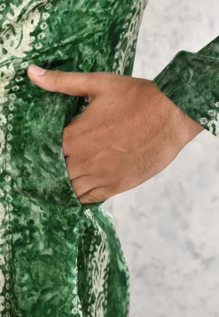 Batik Printed Satin Kurta Set in Green