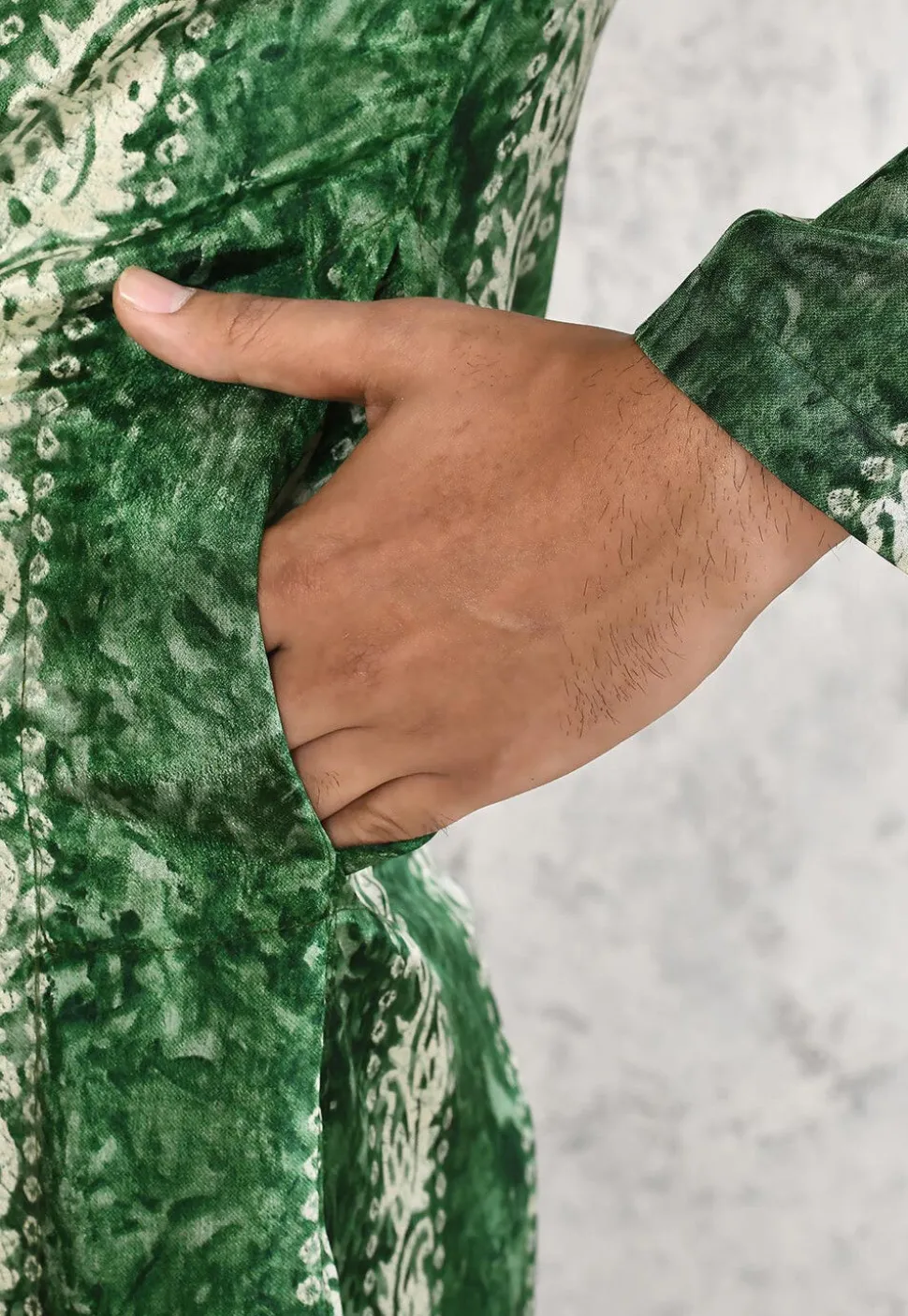 Batik Printed Satin Kurta Set in Green