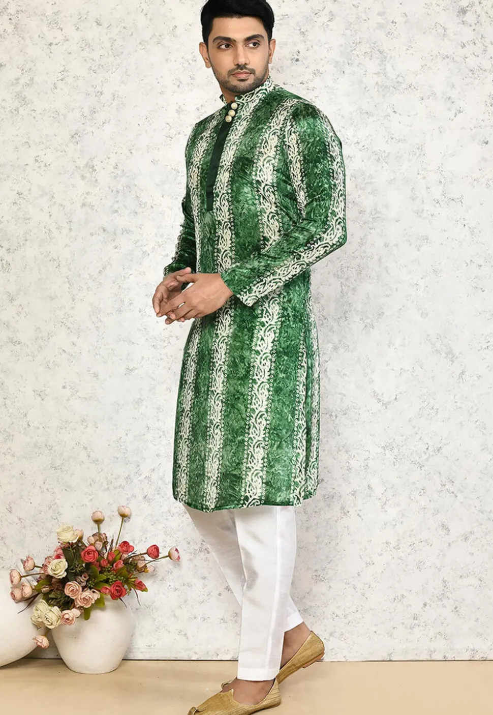 Batik Printed Satin Kurta Set in Green