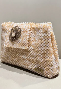 Beaded Art Silk Clutch Bag in Beige