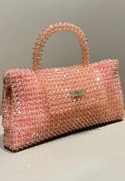 Beaded Art Silk Hand Bag in Peach