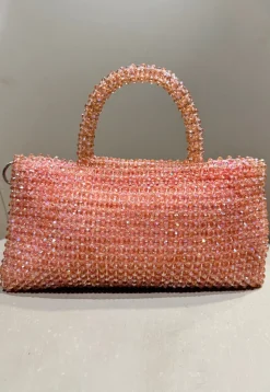 Beaded Art Silk Hand Bag in Peach