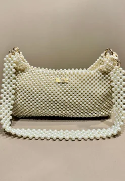 Beaded Art Silk Hand Bag in Off White