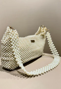 Beaded Art Silk Hand Bag in Off White