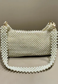 Beaded Art Silk Hand Bag in Off White