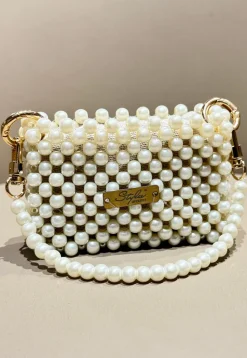 Beaded Art Silk Hand Bag in Off White