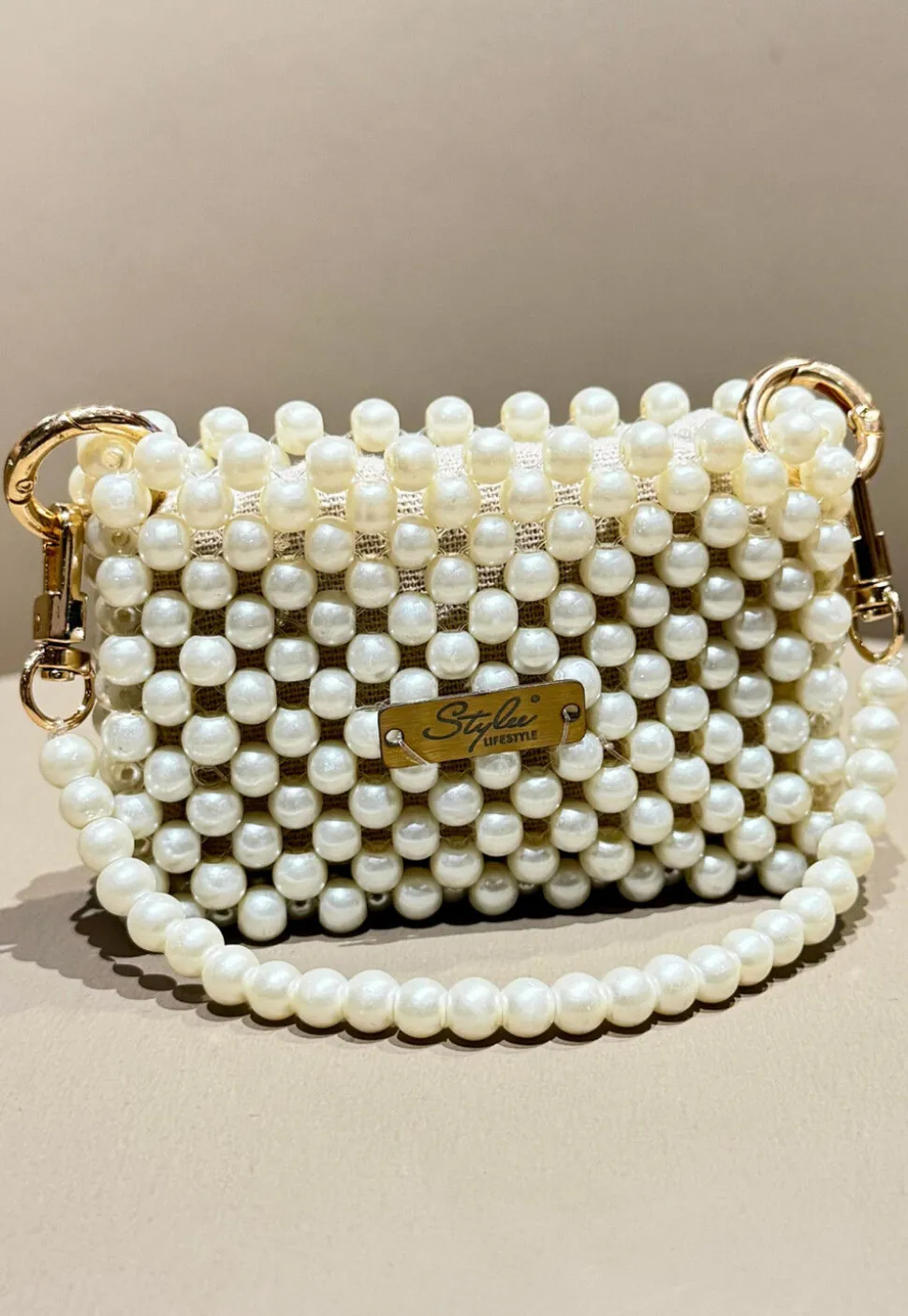 Beaded Art Silk Hand Bag in Off White