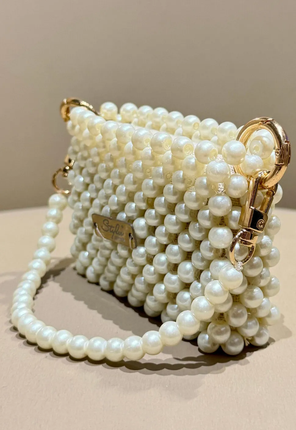 Beaded Art Silk Hand Bag in Off White