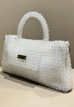 Beaded Art Silk Hand Bag in Off White