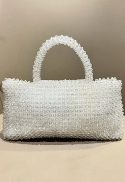 Beaded Art Silk Hand Bag in Off White