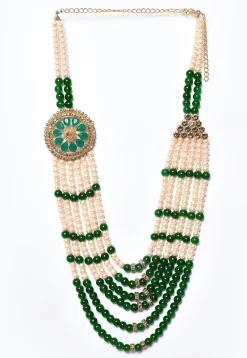 Beaded Layered Kanthamala in Green and Off White