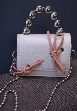 Beaded Leather Square Clutch Bag in Off White