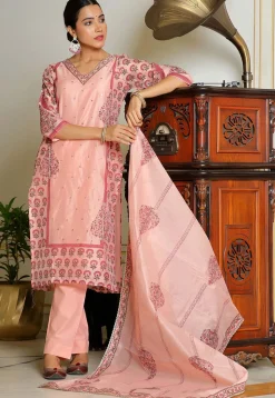 Block Printed Art Chanderi Silk Pakistani Suit in Peach