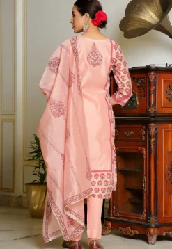 Block Printed Art Chanderi Silk Pakistani Suit in Peach
