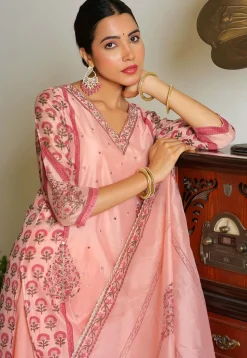 Block Printed Art Chanderi Silk Pakistani Suit in Peach