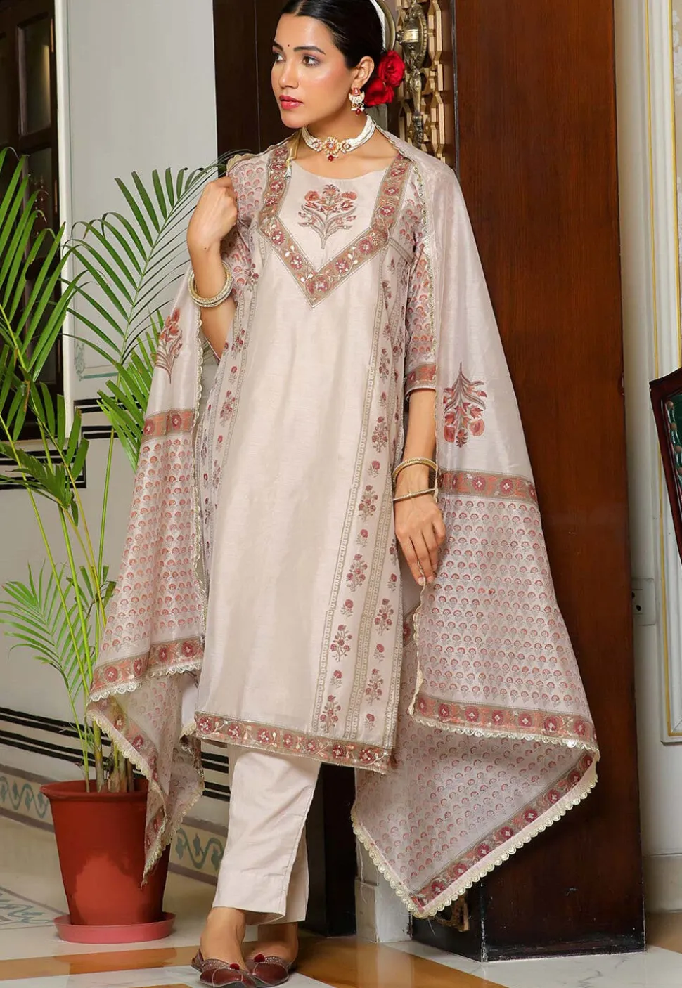 Block Printed Art Chanderi Silk Pakistani Suit in Fawn
