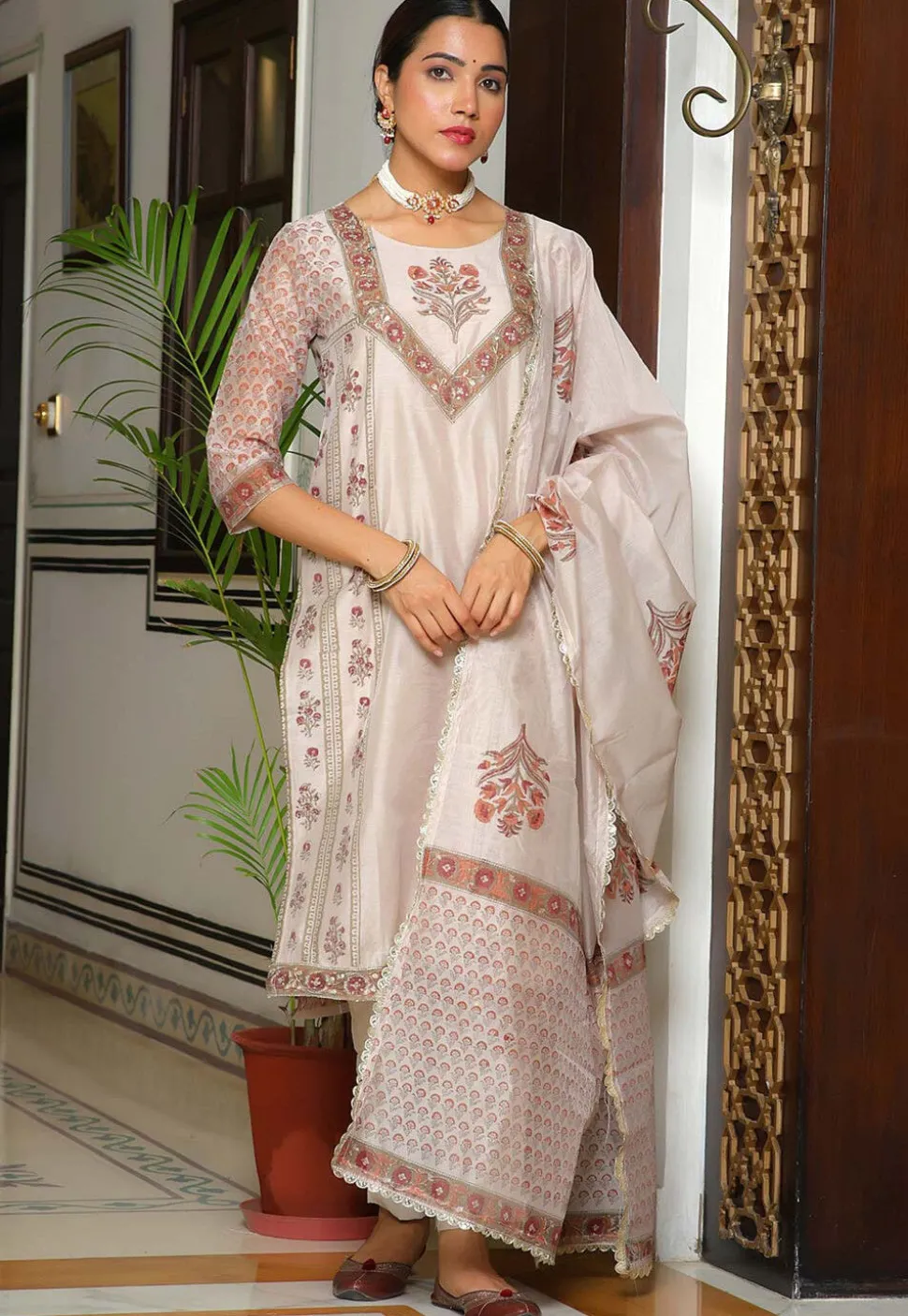 Block Printed Art Chanderi Silk Pakistani Suit in Fawn
