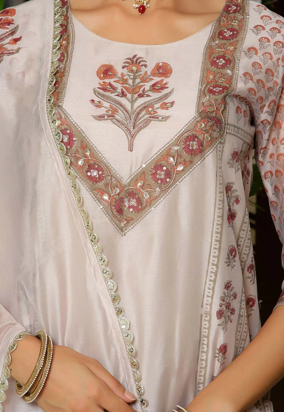 Block Printed Art Chanderi Silk Pakistani Suit in Fawn