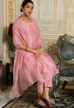 Block Printed Art Chanderi Silk Pakistani Suit in Pink