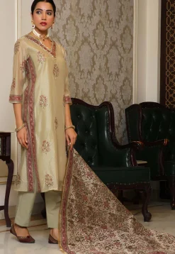 Block Printed Art Chanderi Silk Pakistani Suit in Beige