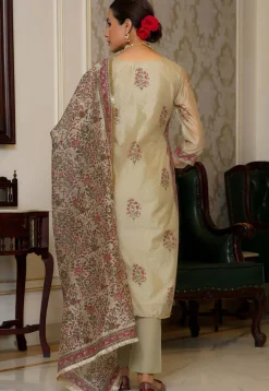 Block Printed Art Chanderi Silk Pakistani Suit in Beige