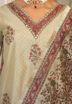 Block Printed Art Chanderi Silk Pakistani Suit in Beige