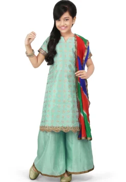 Block Printed Art Dupion Silk Straight Suit in Sea Green