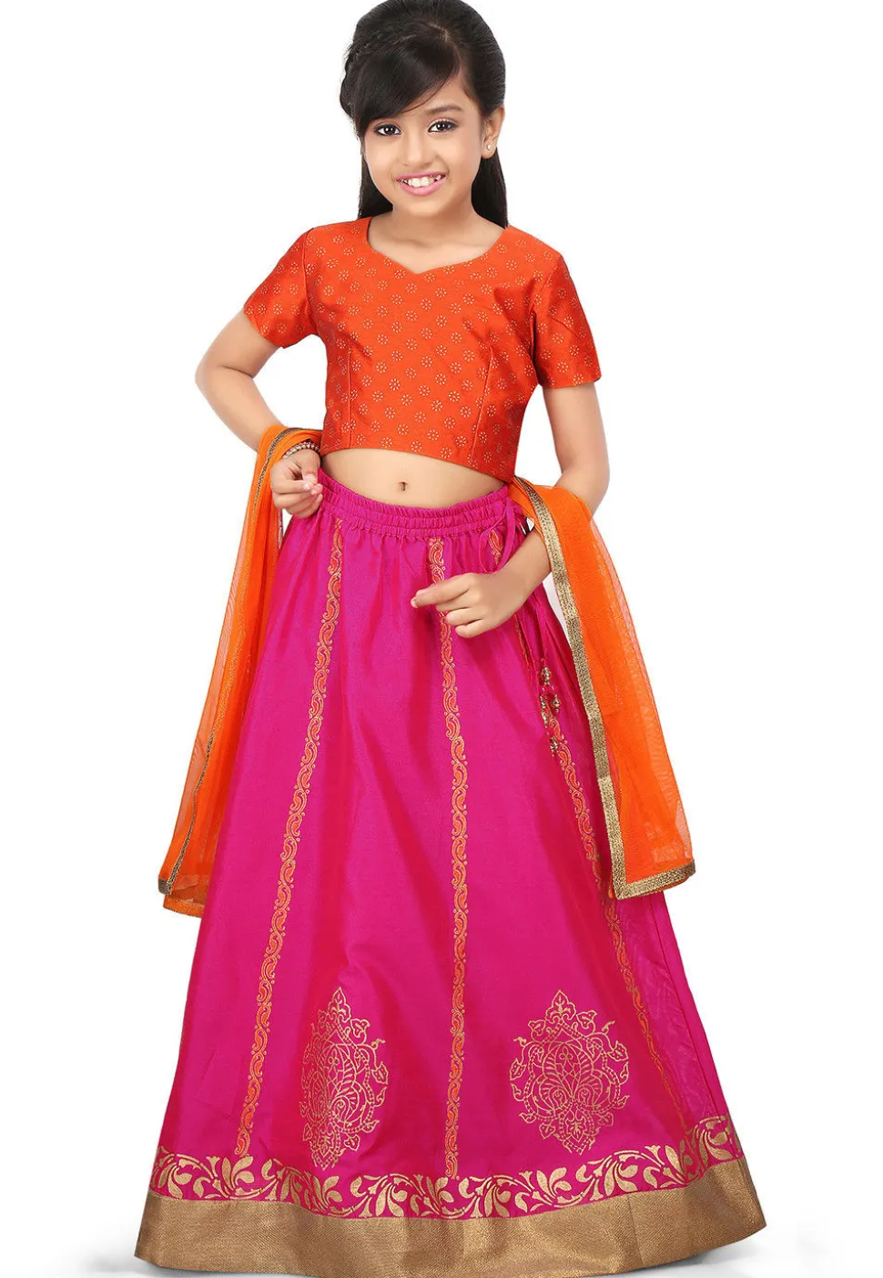 Block Printed Art Dupion Silk Lehenga in Fuchsia