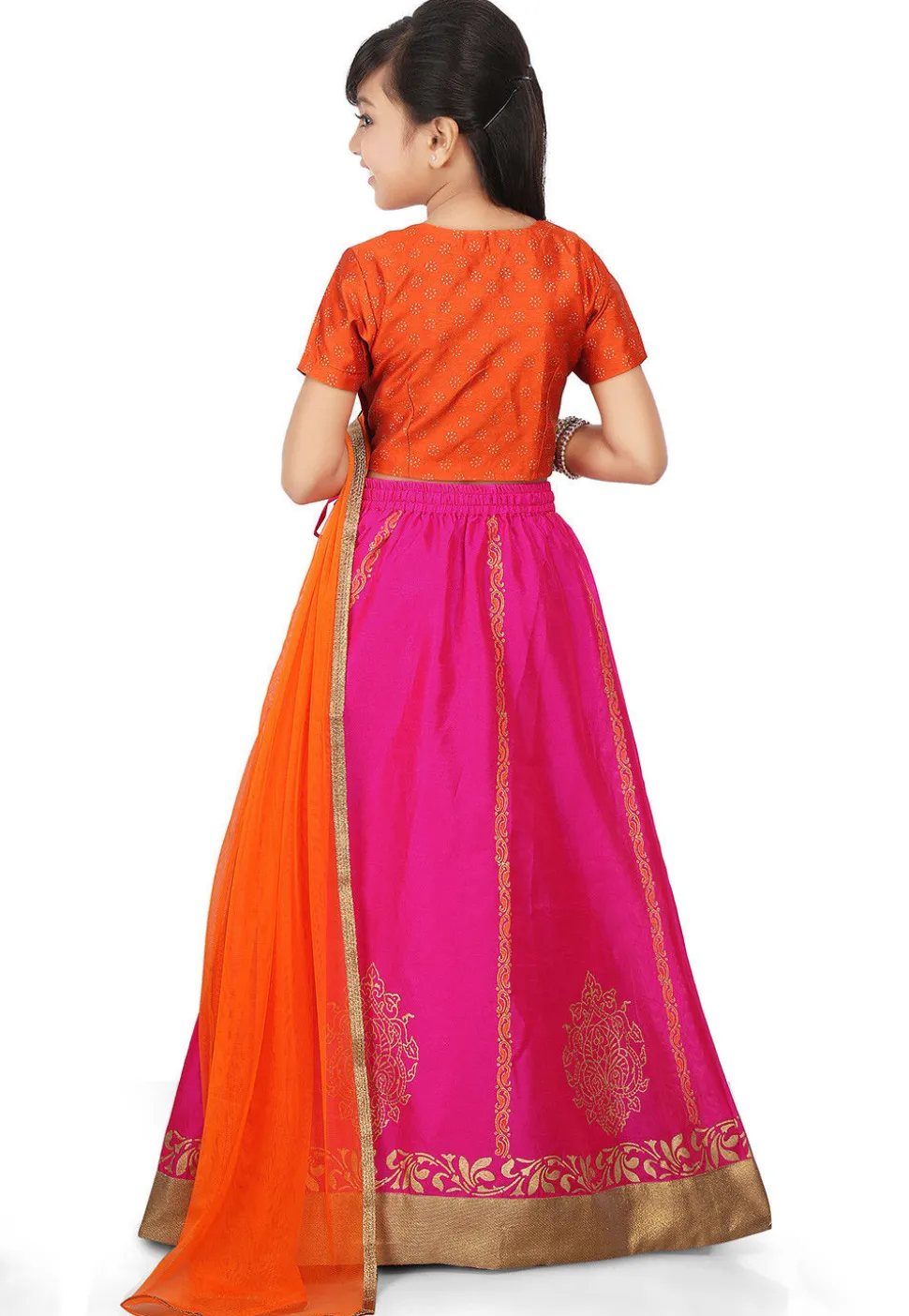 Block Printed Art Dupion Silk Lehenga in Fuchsia
