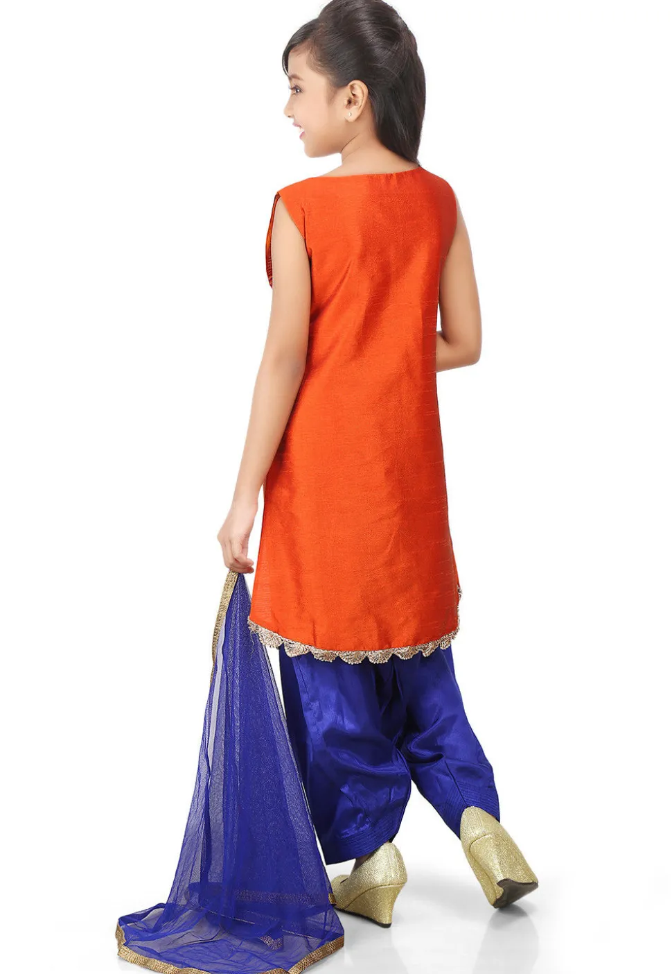 Block Printed Art Dupion Silk Straight Suit in Orange