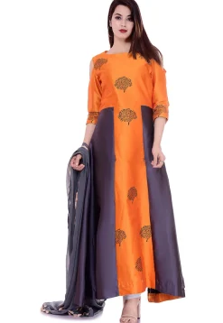 Block Printed Art Silk Abaya Style Suit in Orange and Grey